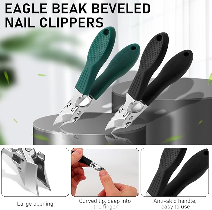Eagle Beak Beveled Nail Clippers,Wide Jaw Opening Anti-Splash Slanted Nail Clipper,Edge Nail Clippers 3-Piece Set,Long Handle Wide Jaw Opening Anti-Splash Slanted Nail Clipper for Men Women(Black)