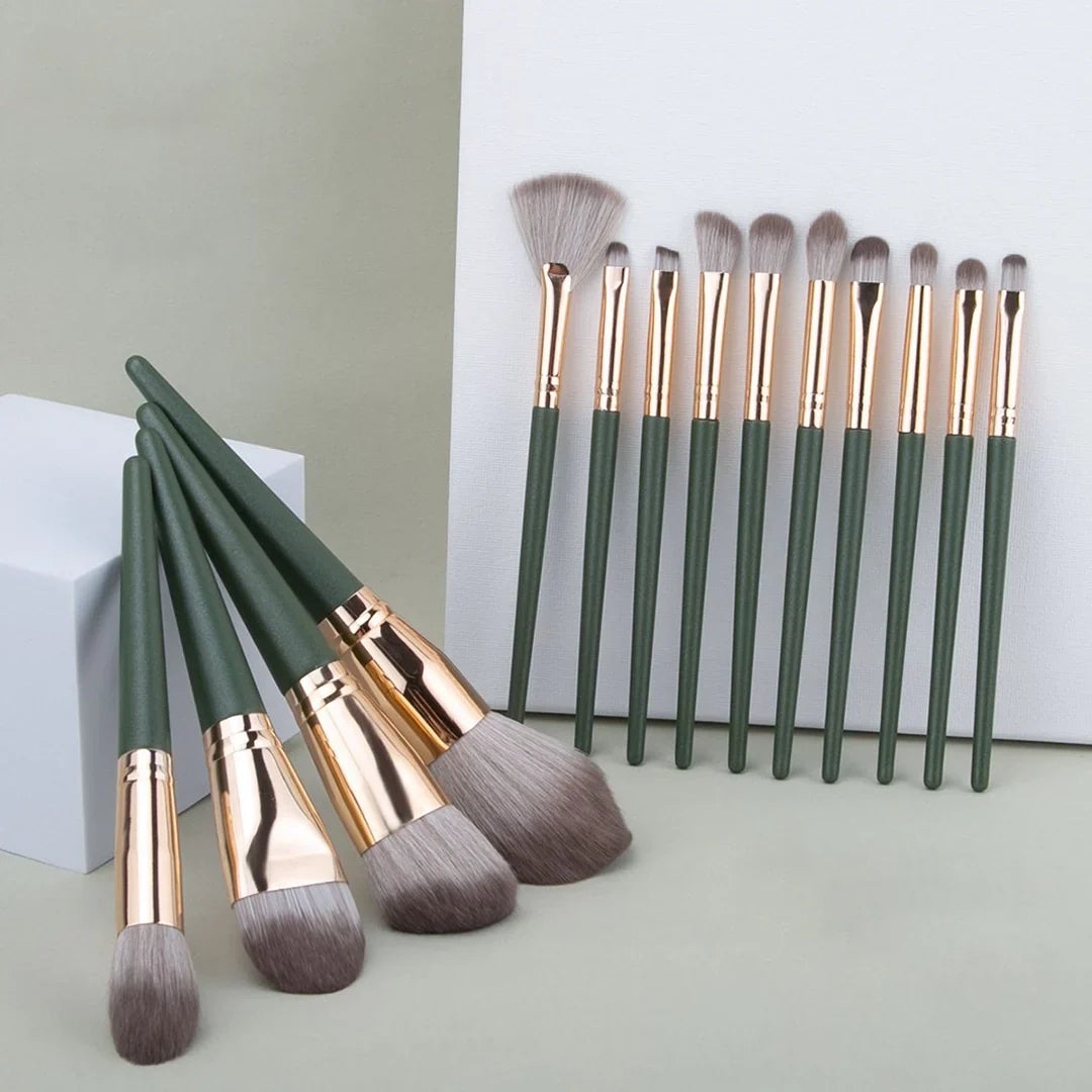Professional Makeup Brush Set, 14 Pieces, Green Handle with Gold Ferrule, Travel Case Included
