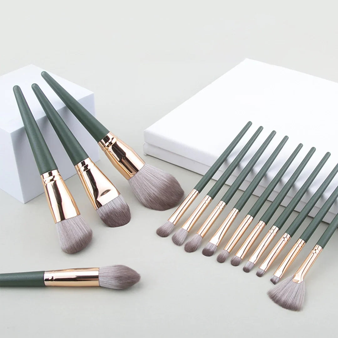 Professional Makeup Brush Set, 14 Pieces, Green Handle with Gold Ferrule, Travel Case Included