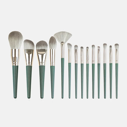Professional Makeup Brush Set, 14 Pieces, Green Handle with Gold Ferrule, Travel Case Included
